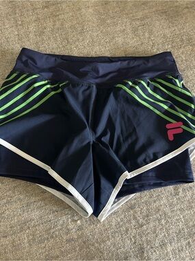 FILA Navy Athletic Shorts with Green Stripe and Pink Logo - ACCEPTING OFFERS